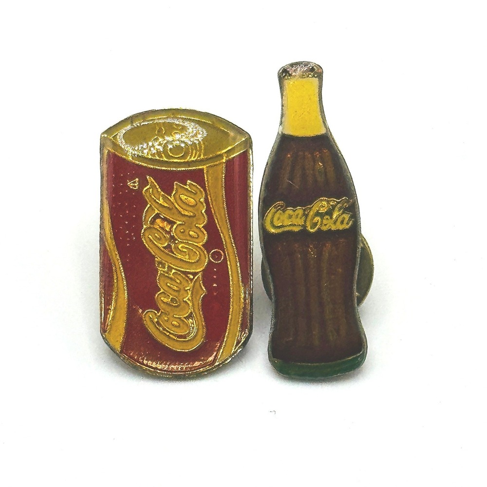 Vintage Coca-Cola Enamel Pin Set Soda Can and Glass‎ Bottle Gold Tone Red Yellow
